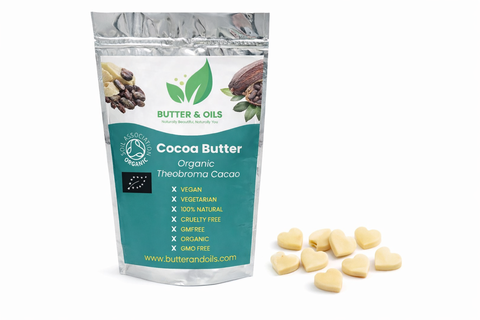 Raw Organic Cocoa Butter – (50g–20kg) Food-Grade Heart Buttons for Food, Hair & Skin